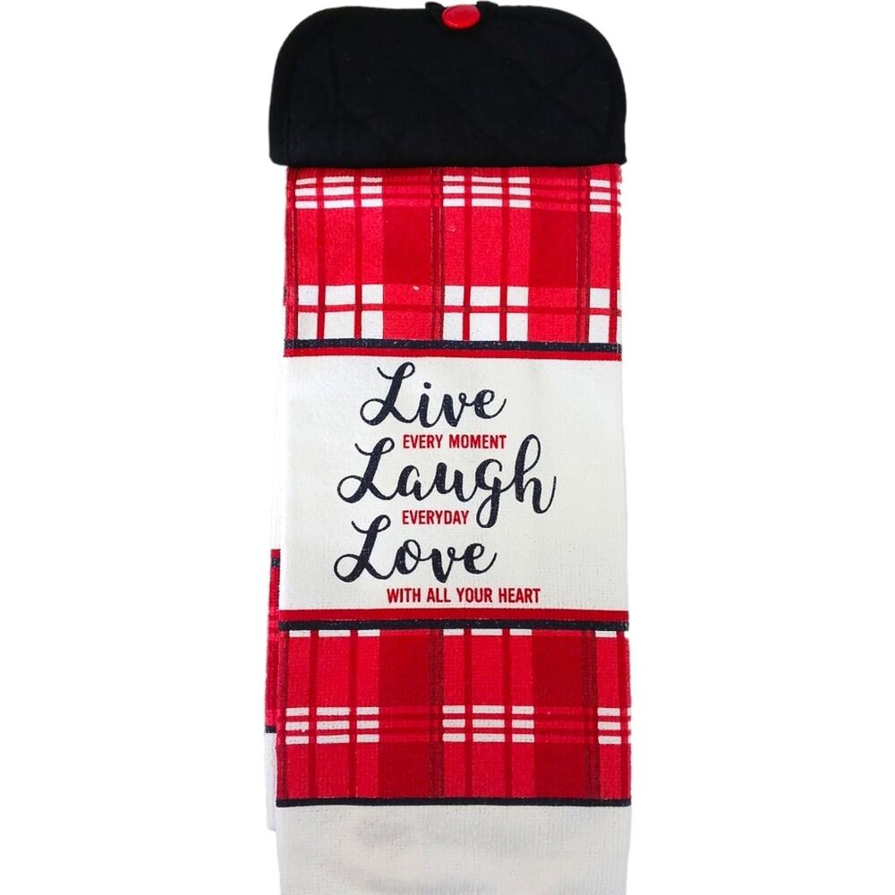 Live Love Laugh Kitchen Towel Home Decor Gift Red Black House Warming Handmade